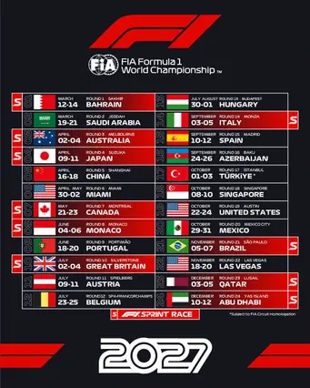 Calendário de 2027 da Fórmula 1 divulgado com o retorno de Portugal e da Turquia e 10 finais de semana com Corrida Sprint Calendário de 2027 da Fórmula 1 divulgado com o retorno de Portugal e da Turquia e 10 finais de semana com Corrida Sprint